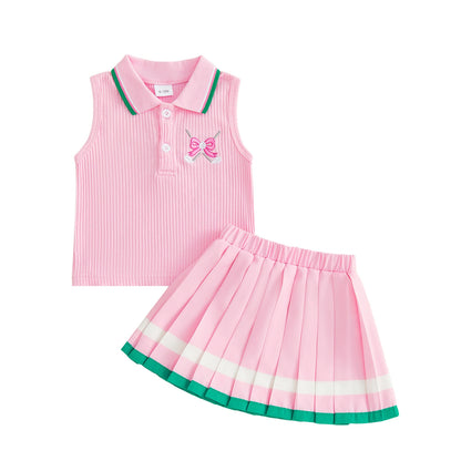 Adorable Infant Girl Tennis Ensemble with Ruffled Sleeveless  and Flared Skirt - Cute 2 Piece Summer Outfit