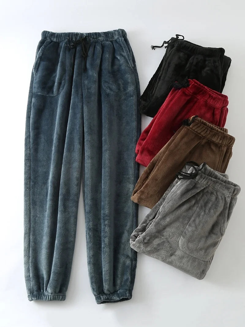 Thickened Flannel Sleep Pants Men's Winter Loose Large Size High Waist Straight Leg Cuffed Fleece Mid-Aged Coral Velvet Home ...