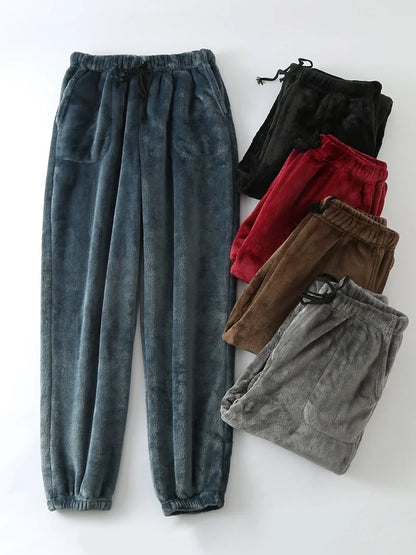 Thickened Flannel Sleep Pants Men's Winter Loose Large Size High Waist Straight Leg Cuffed Fleece Mid-Aged Coral Velvet Home ...