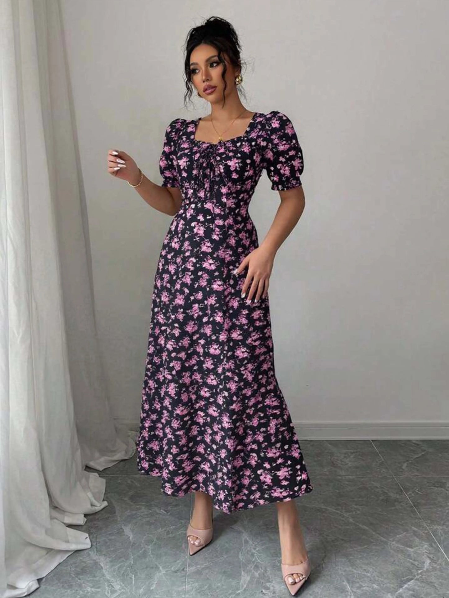 Women's Summer Maxi Dress Elegant Casual Puff Sleeve Square Neck Black Floral Print Long Evening Gown for Women