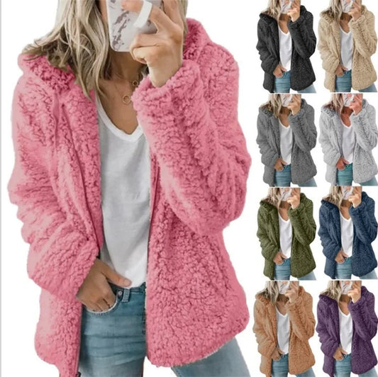 2024 New Women's Hooded Tweed Velvet Autumn and Winter Tops Jacket