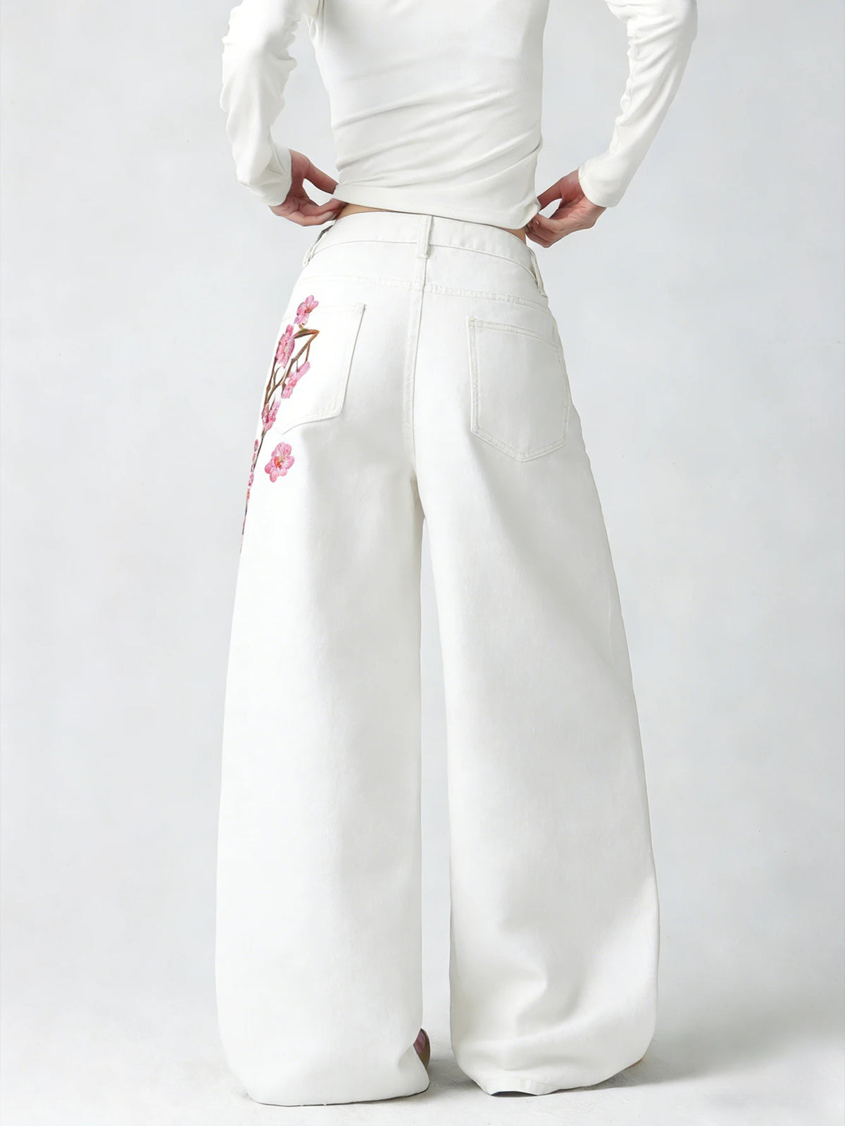 Women's White Embroidered High-Waist Loose Wide-Leg Jeans Y2K Street Trend Comfortable Everyday Versatile All-Season Pants