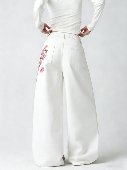 Women's White Embroidered High-Waist Loose Wide-Leg Jeans Y2K Street Trend Comfortable Everyday Versatile All-Season Pants