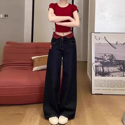 2025 New Long Jeans Sweet American Hot Girls Embroidered Jeans Cute Women's Black Straight High Waist Wide Legs