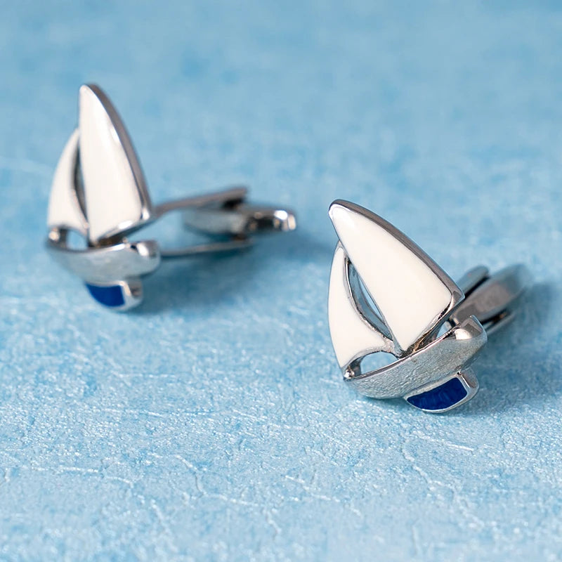 Fashion Sailing Boat Cufflinks Gold Metal Cuff Button White Blue Enamel Jewelry For Men Suit French Shirt Business Groom Gifts