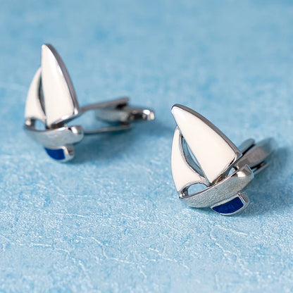 Fashion Sailing Boat Cufflinks Gold Metal Cuff Button White Blue Enamel Jewelry For Men Suit French Shirt Business Groom Gifts