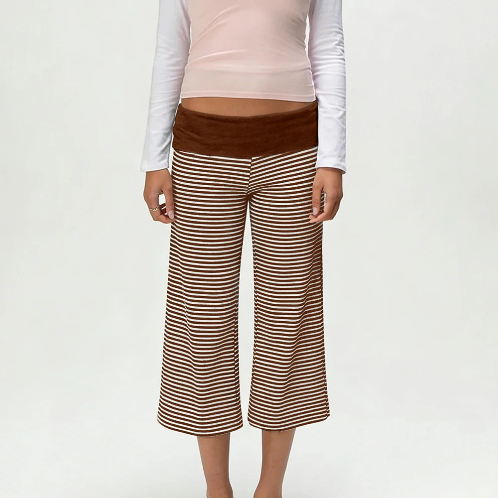 Women Vintage Fold Over Waist Gaucho Pants Low Rise Cropped Wide Leg Capri Pants y2k Foldover Culottes Yoga Pants Pajama Bottoms