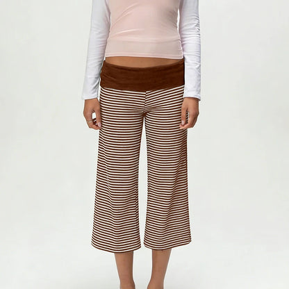 Women Vintage Fold Over Waist Gaucho Pants Low Rise Cropped Wide Leg Capri Pants y2k Foldover Culottes Yoga Pants Pajama Bottoms