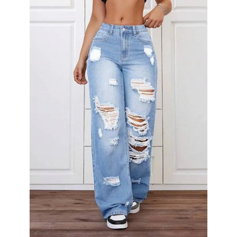 Womens Pants Womens Jeans Trendy Light Blue Distressed Baggy Relaxed Fit Wide Leg Denim