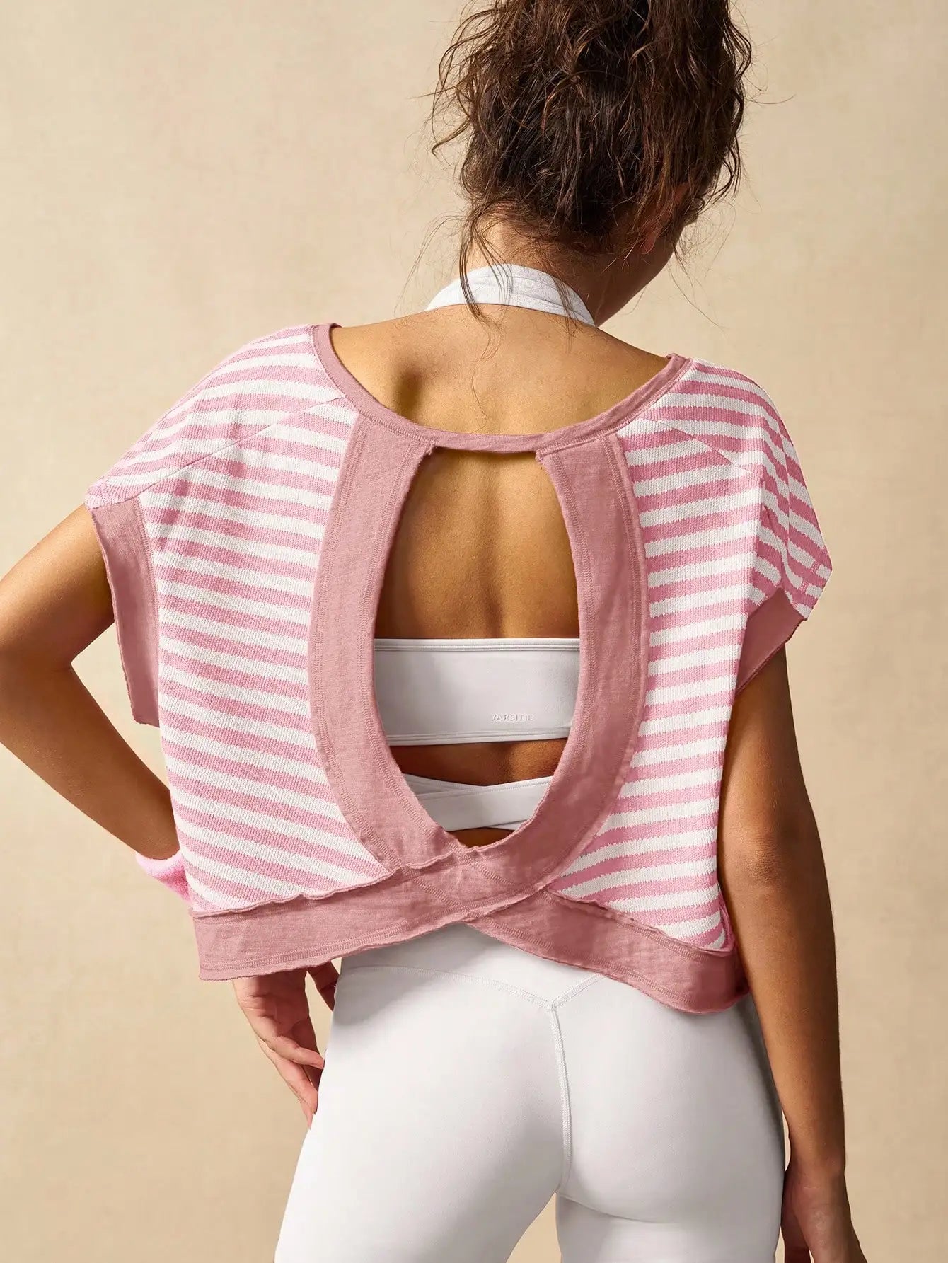 Women Striped Open Back Workout Top Gym Crop Top Summer Active Wear