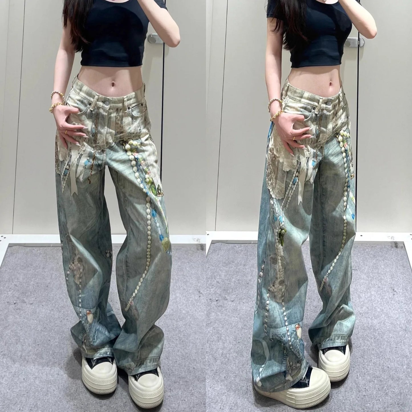 Y2k Jeans Baggy Fashion New Product 3D Printed Lace Pearl Chain Straight Tube Women Pants High Waisted Jeans Pants for Woman