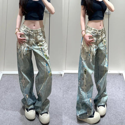 Y2k Jeans Baggy Fashion New Product 3D Printed Lace Pearl Chain Straight Tube Women Pants High Waisted Jeans Pants for Woman