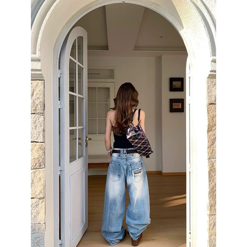 YIBASHU Women Blue Gothic Y2k Jeans Vintage 2000s Harajuku Jean Pants American Style Baggy Denim Trousers Alternative Clothes