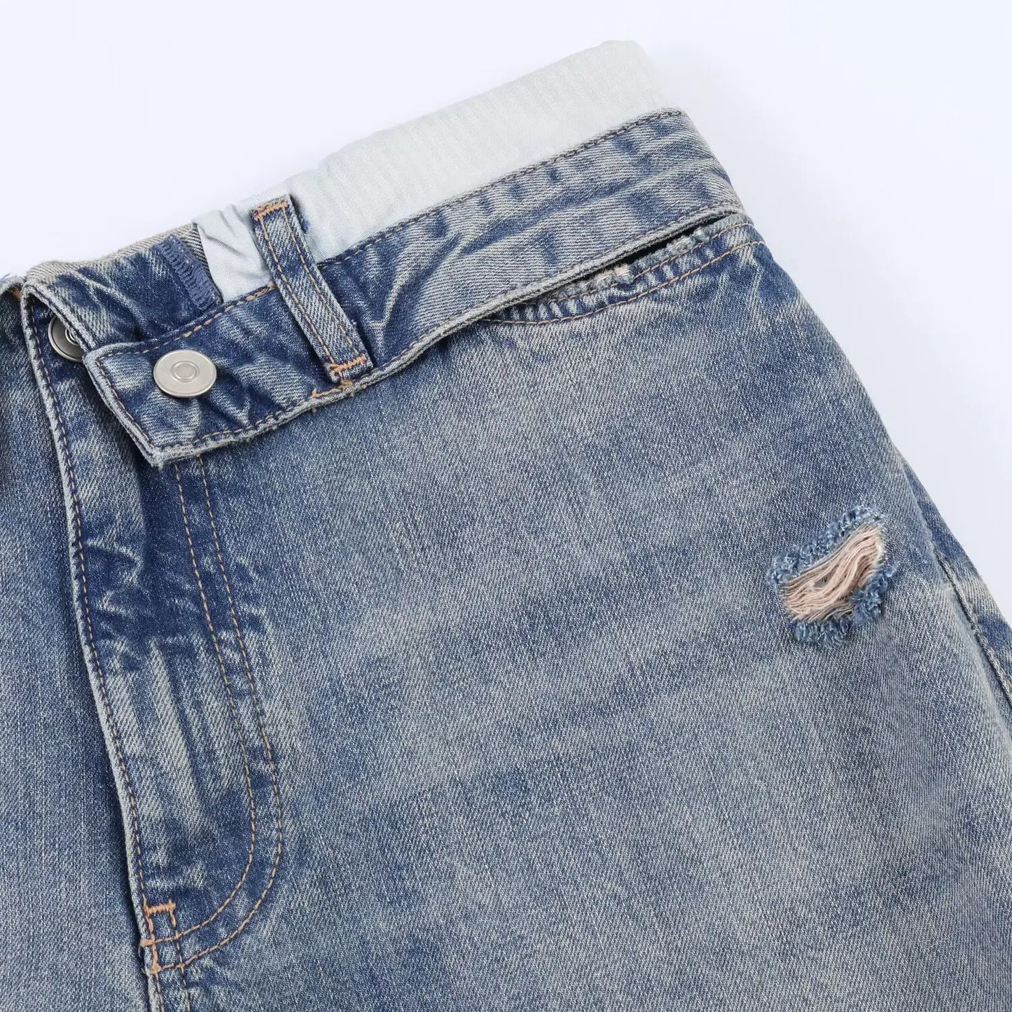 Casual Women Long Jeans Summer Female Chic Ripped Holes Denim Fashion Mid Waist Flanging Button Streetwear Pants Trousers