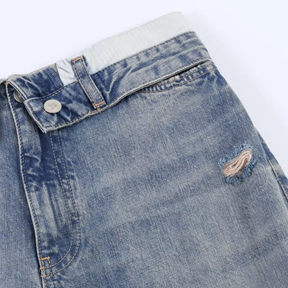 Casual Women Long Jeans Summer Female Chic Ripped Holes Denim Fashion Mid Waist Flanging Button Streetwear Pants Trousers