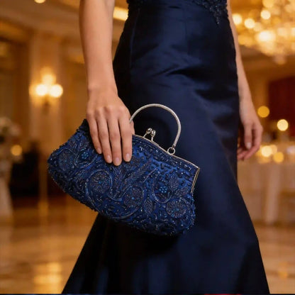 Evening Clutch Bag Handmade Beaded Floral Party Purse with Kiss Lock & Strap Glass Beads Polyester Blue Purple Grey