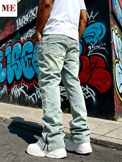 HME Men's Flared Denim Pants, Light Blue Vintage Jeans with Rips & Zipper Hem for Casual Style