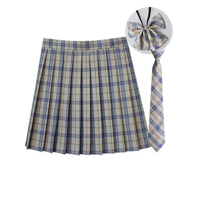Women Summer Plaid Pleated Skirt With Necktie Bowtie Korean Jk Skirt Uniform Japanese School Preppy A Line Mini Skirts