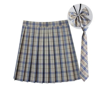 Women Summer Plaid Pleated Skirt With Necktie Bowtie Korean Jk Skirt Uniform Japanese School Preppy A Line Mini Skirts