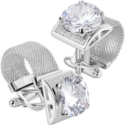 HAWSON Birthstone Crystal Cufflinks for Men Silver Luxury with Chain Wedding Birthday Christmas Gift