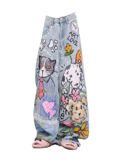 Doodle-printed Jeans American Casual Style Vintage Straight-cut Loose-fitting High-street Wide-leg Pants Y2k Baggy Jeans Ladies