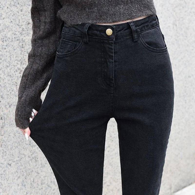 Lady Classic Solid High Waist Jeans Female Black Narrow Straight Leg Pants Girls Korean Leisure Fashion Denim Trousers