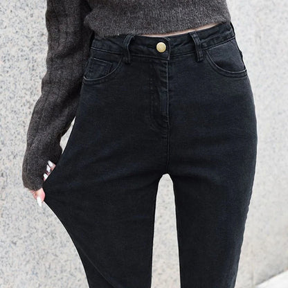 Lady Classic Solid High Waist Jeans Female Black Narrow Straight Leg Pants Girls Korean Leisure Fashion Denim Trousers