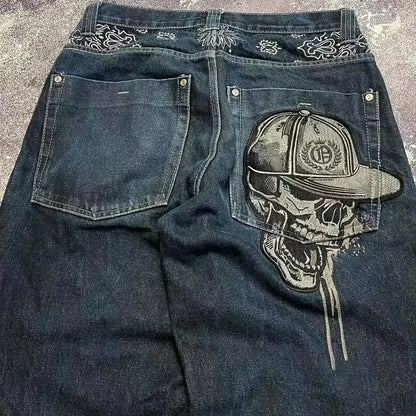 Street Fashion Trend Skull Embroidered Jeans Women Straight Wide-leg Pants Couple Casual Jeans
