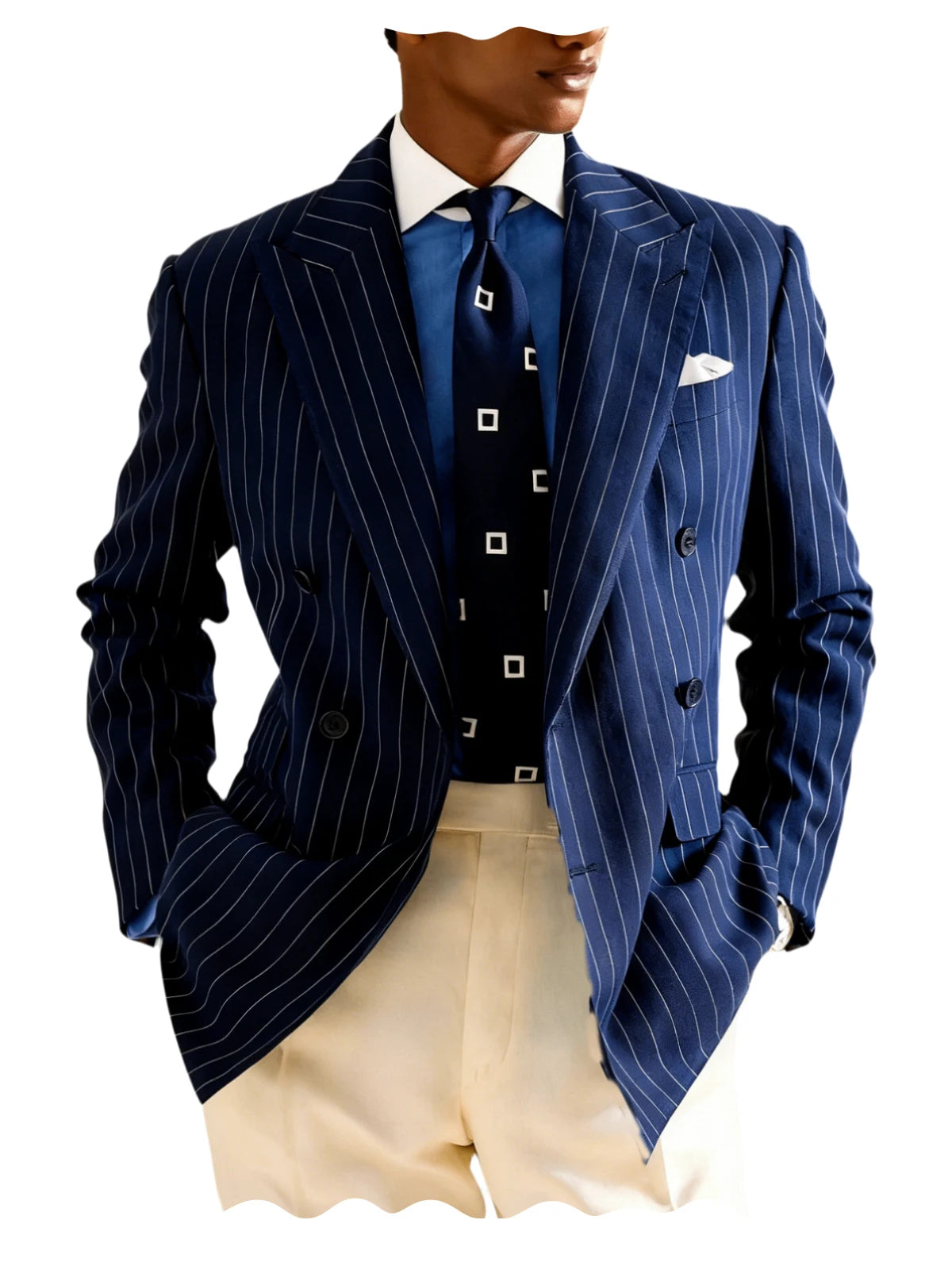Men's Pinstripe Double Breasted Blazer Classic Peak Lapel Slim Fit Striped Suit Jacket For Party Prom Business Formal Coats