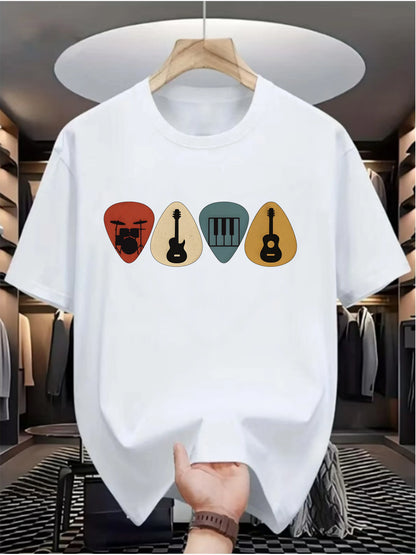 Vintage Music Lover T Shirt Retro Guitar Picks Graphic Tee Drum Piano Guitar Musician