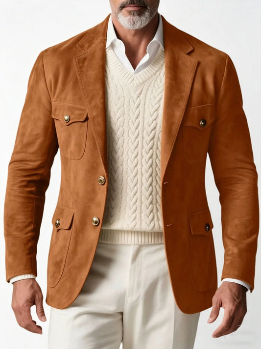 1970s Men's Suede Blazer Retro Slim Fit Two Buttons Multi Pocket High Quality Jacket Fashion Casual Sport Coat For Daily Wear