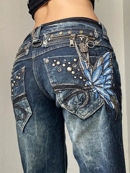Embroidered Women Jeans Y2K Millennium Harajuku Slim Flared Jeans American Fashion High Street Large Size Butterfly