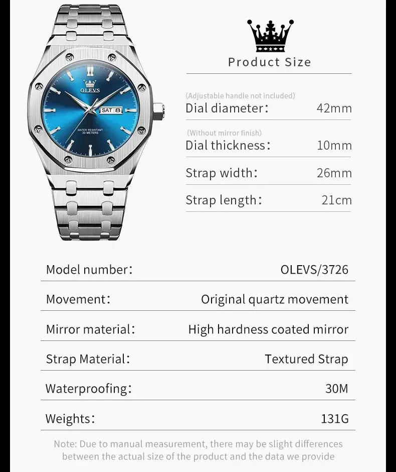OLEVS Watches For Men Stainless Steel Strap Waterproof Luminous Dual Calendar Business Wristwatch Original Quartz Man Watch 3726