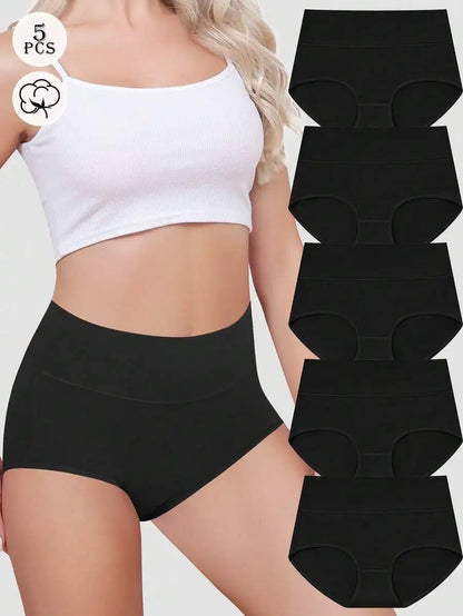 5 Pack Women High Waist Cotton Brief Soft Stretch Full Coverage Panties