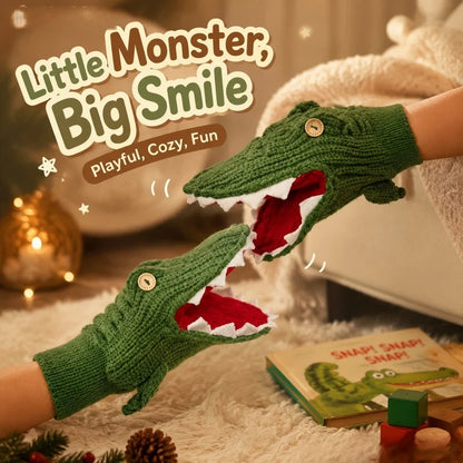 Cute Crocodile Knitted Mittens, Funny 3D Animal Design Warm Winter Full-Finger Gloves, Soft Knit Hand Warmers, Novelty Dress-up Gloves for Women Men, Perfect Christmas Holiday Gift Choice, Ideal for Daily Outdoor Cold Weather
