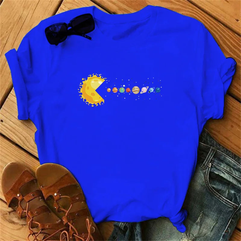 Planetary-themed solar system print T-shirt for women, luxury brand T-shirt, summer fashionable short-sleeved T-shirt