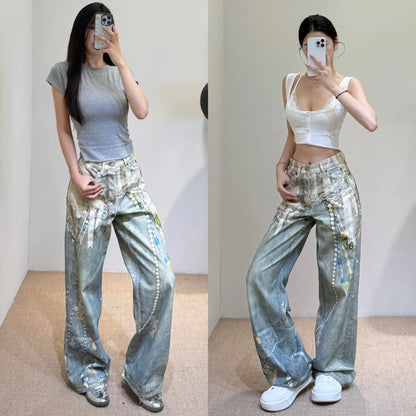 Y2k Jeans Baggy Fashion New Product 3D Printed Lace Pearl Chain Straight Tube Women Pants High Waisted Jeans Pants for Woman
