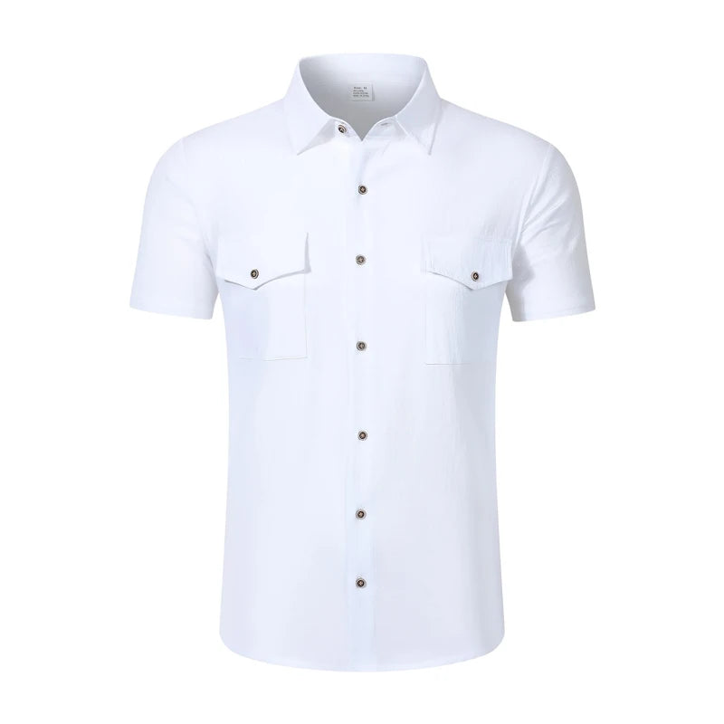 2026 Men's Short Sleeve Linen Blend Shirt Solid Color Loose Casual Tops royal pop swatch devocional café com deus pai Style