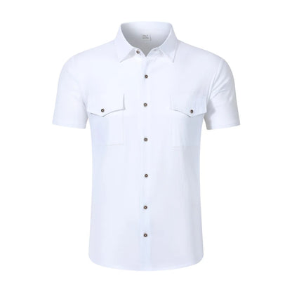 2026 Men's Short Sleeve Linen Blend Shirt Solid Color Loose Casual Tops royal pop swatch devocional café com deus pai Style