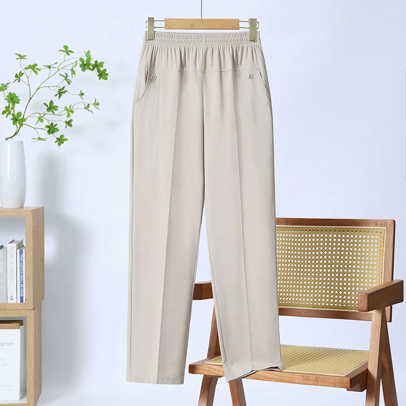 Summer women's soft pants/Capri pants plus size casual pants 2025 elastic waist office casual outdoor pants