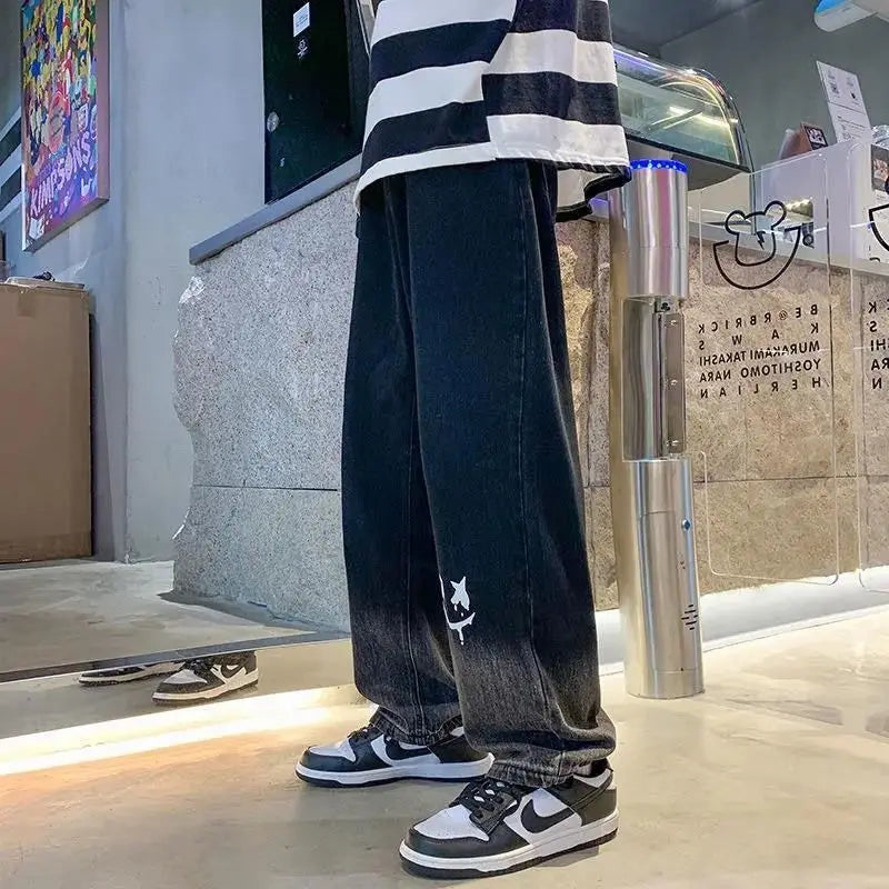 Harajuku Smile Print Baggy Pants Men Streetwear Wide Leg Oversize Jeans Vintage Y2k