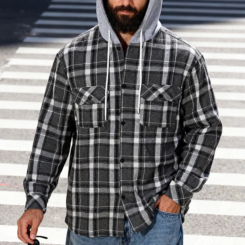 Men's Plaid Flannel Shirt Jacket Detachable Hooded Button-Down Shacket for Casual Wear