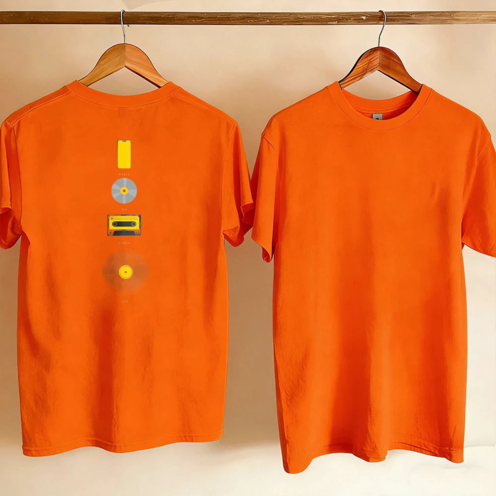 Music Evolution Media Vertical Graphic T-Shirt Men Back Print Cotton Short Sleeve Vinyl Cassette CD Phone Nostalgia Casual Tee