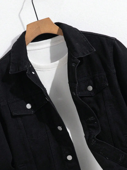 Men's spring-autumn denim jacket. Black minimalist coat. Daily casual. Stylish and trendy style.