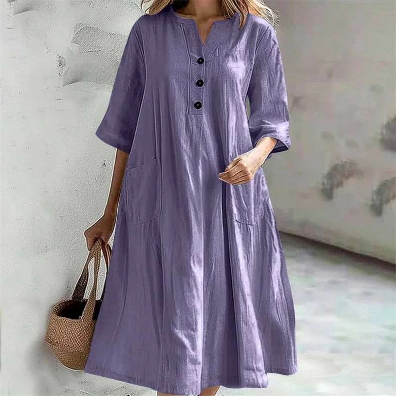 New Solid Color Cotton Linen Comfortable Casual Dresses Women Half Sleeve Loose Dress Gown Female Double Pocket Patchwork Frock