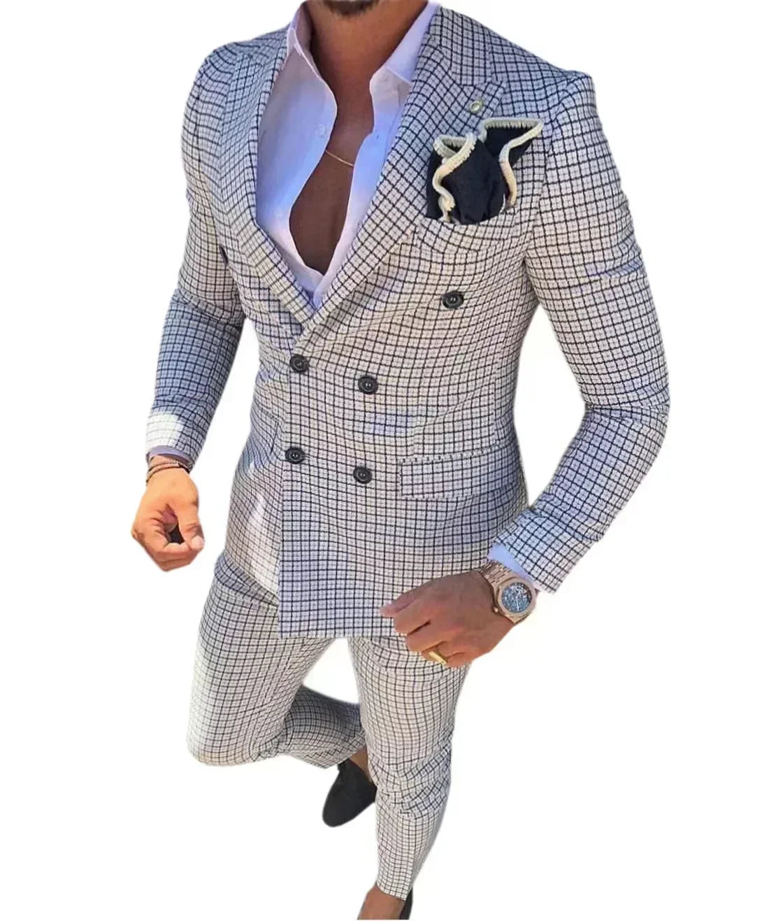 Plaid Suit Elegant Man Suit Dress for Men Regular Suit with Vintage Notch Lapel  Stage Costume Evening Party Summer Beach