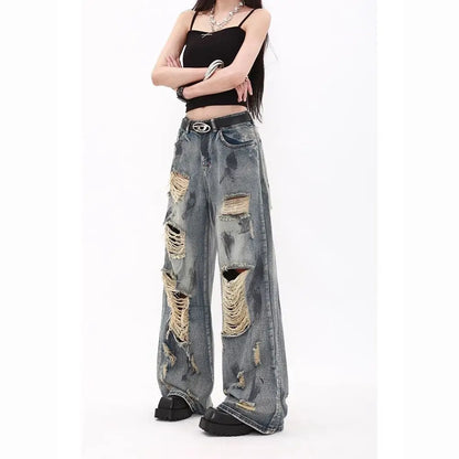 Oversize Blue Ripped Old Hot Girl Y2k American Retro High Waist Fashion Men And Women Hip Hop Straight Loose Wide Legs Jeans