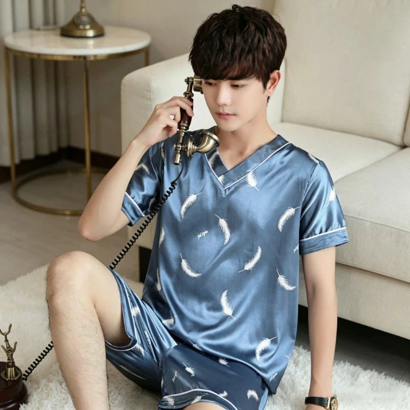 Men Summer New Fashion Print Pajamas Set Plus Size V-Neck Short Sleeve Shorts Men's Sleepwear