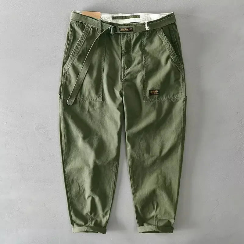 Autumn Summer Wide Leg Cotton Work Trousers Men's Cone Straight Loose Wear Resistant Pocket Pants Retro Wash Casual Workwear