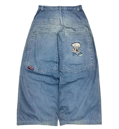Street Fashion Trend Skull Embroidered Jeans Women Straight Wide-leg Pants Couple Casual Jeans